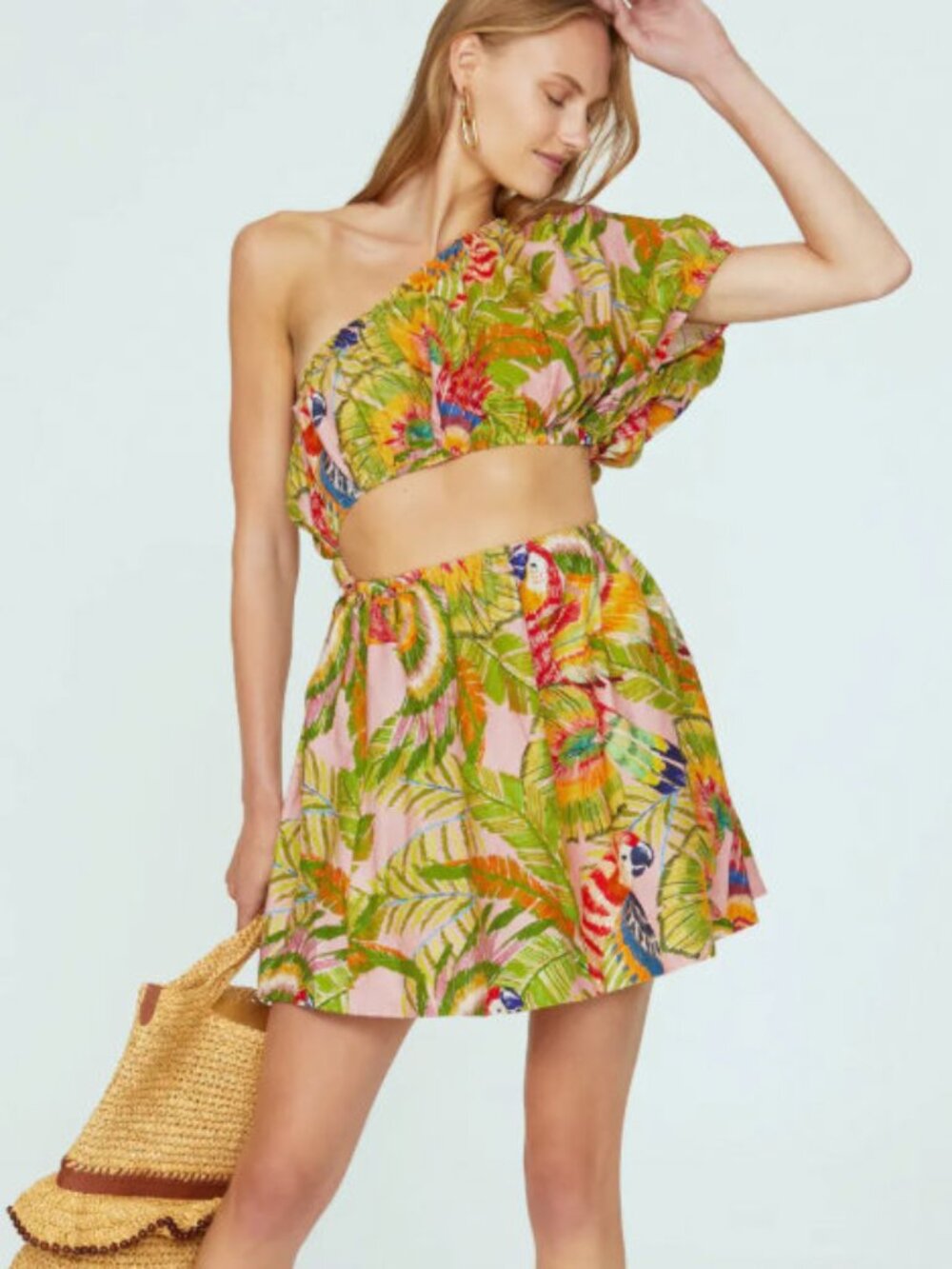 Farm Rio Macaw Leaves One Shoulder Mini Dress Multi-Color Size XS